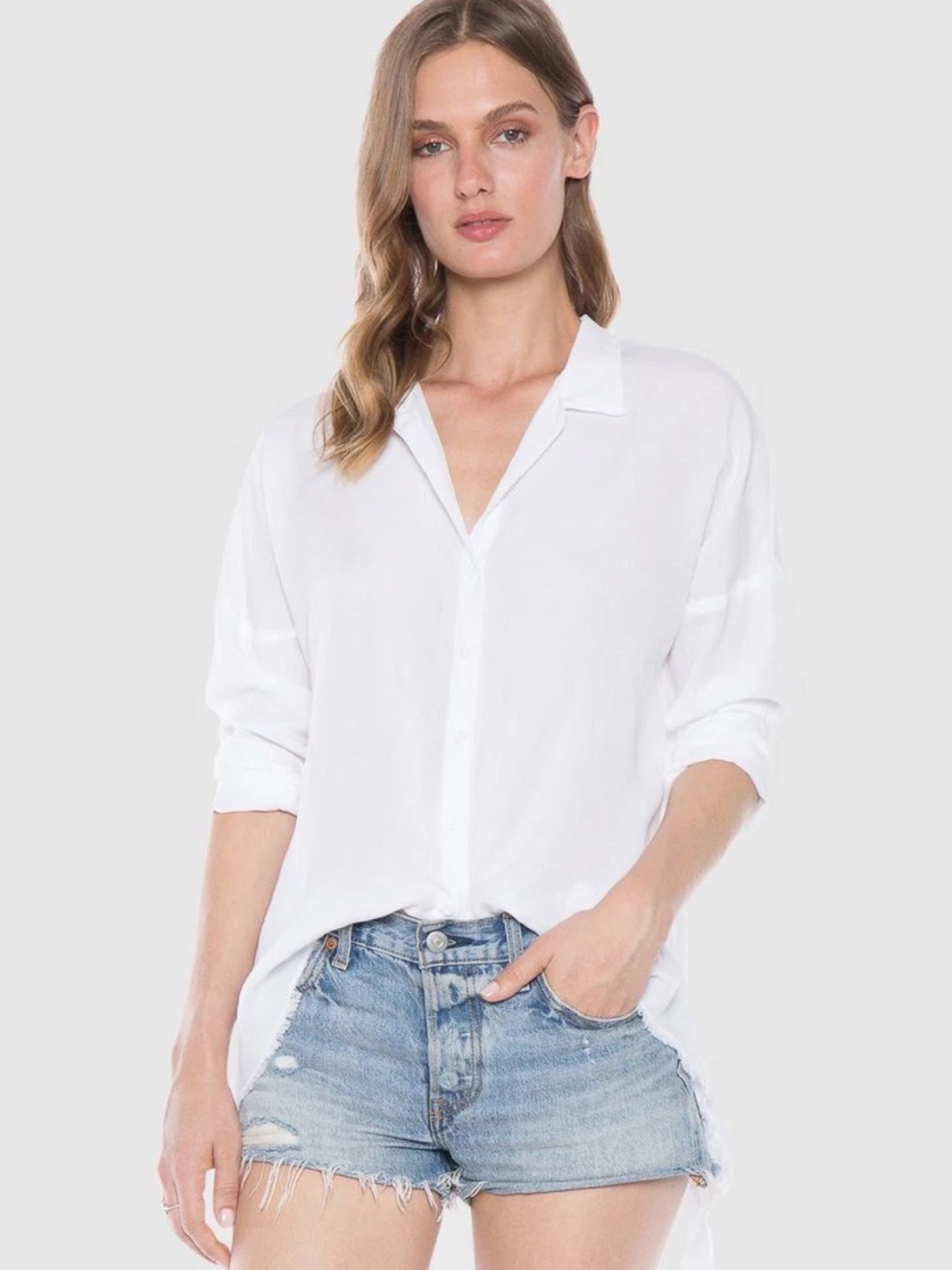 Anthropologie Cloth & Stone Tencel Raw Hem High Low Button Down In White Sz M